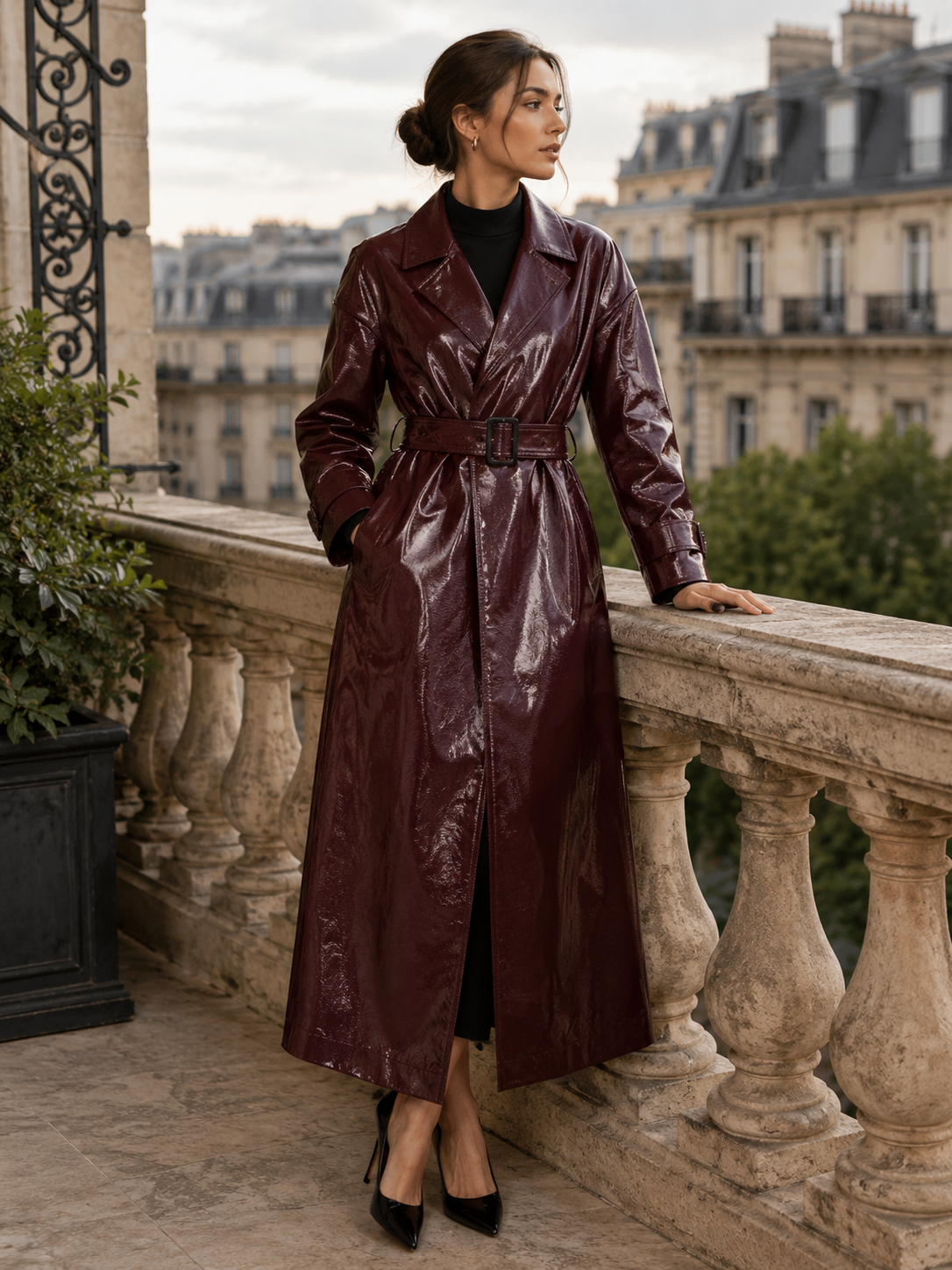 Leather Slim Fit Trench Coat with Belt for Women