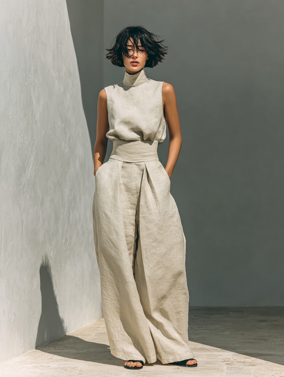 Sleeveless Roll Neck Wide Leg Linen Set for Women