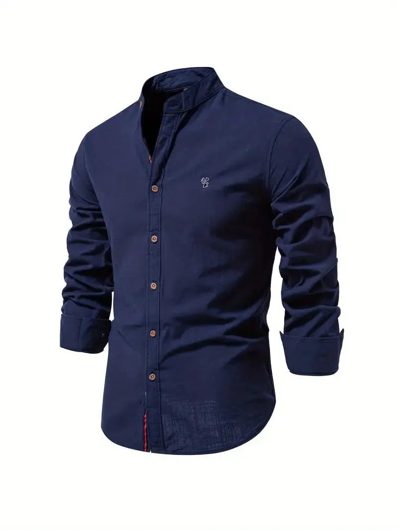 Long Sleeve Linen Shirt with Stand Collar for Men