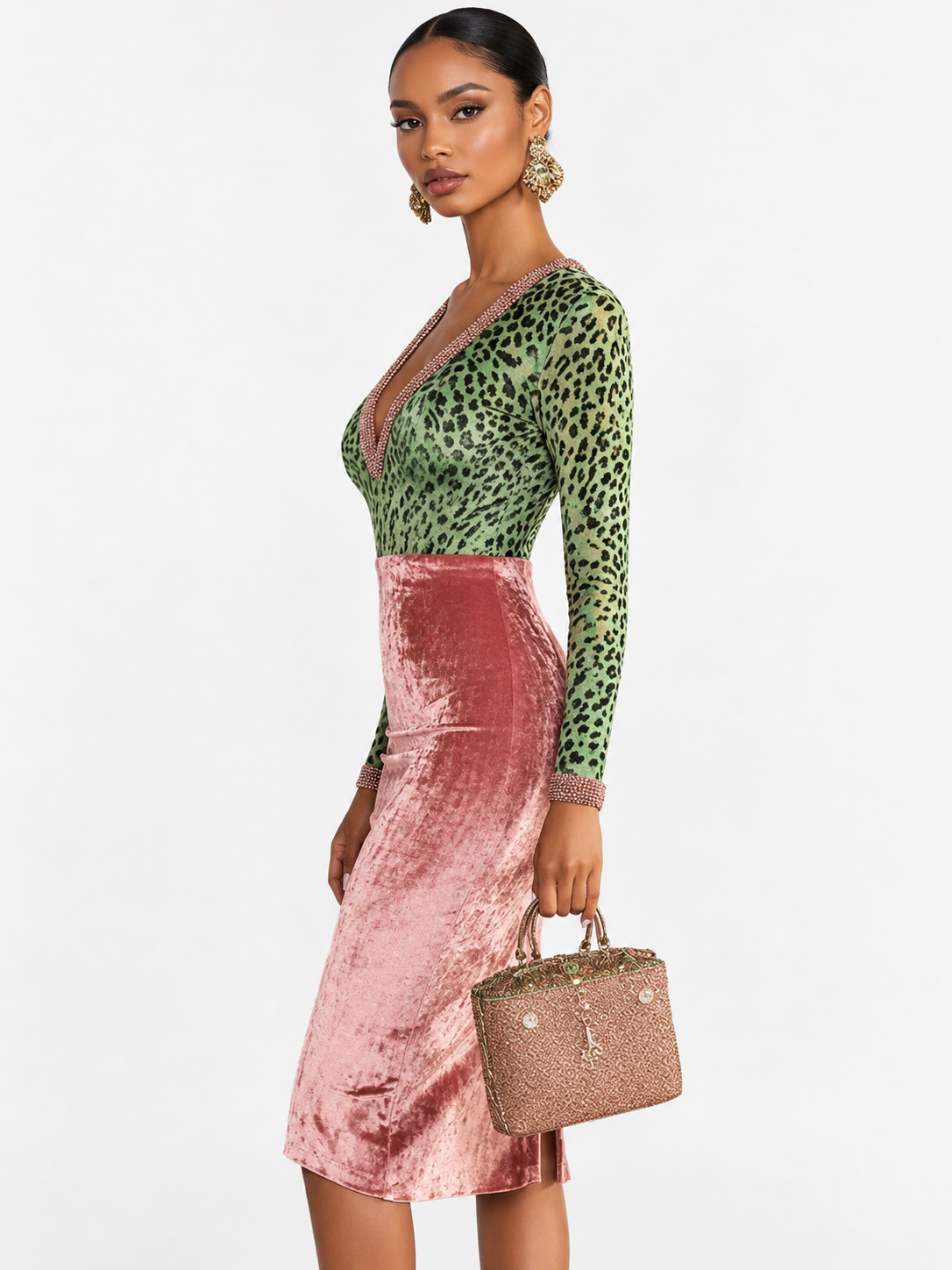 Animal Print Velvet Midi Pencil Skirt Set with V-Neck Top for Women