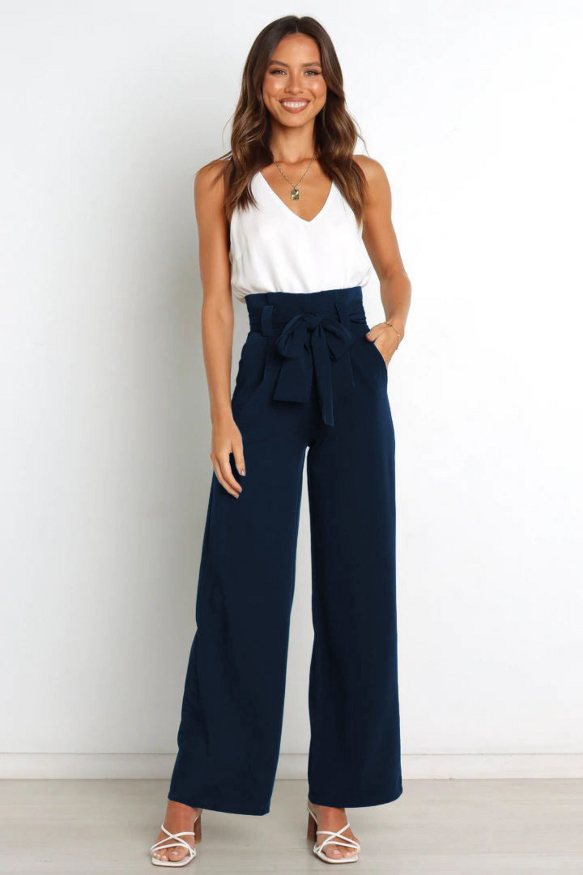 Wide Leg Belted Linen Trousers for Women