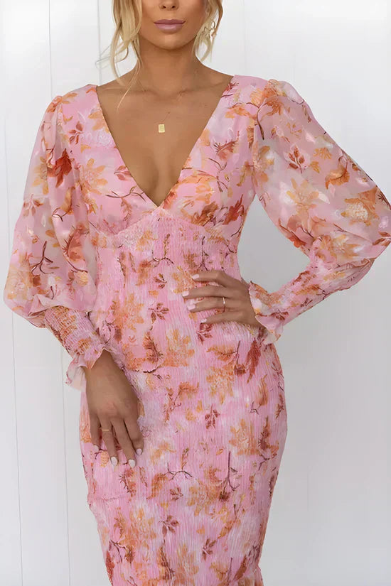 Floral V-Neck Puff Sleeve Midi Dress Wedding Guest for Women