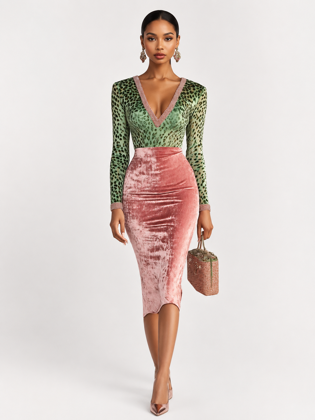 Animal Print Velvet Midi Pencil Skirt Set with V-Neck Top for Women