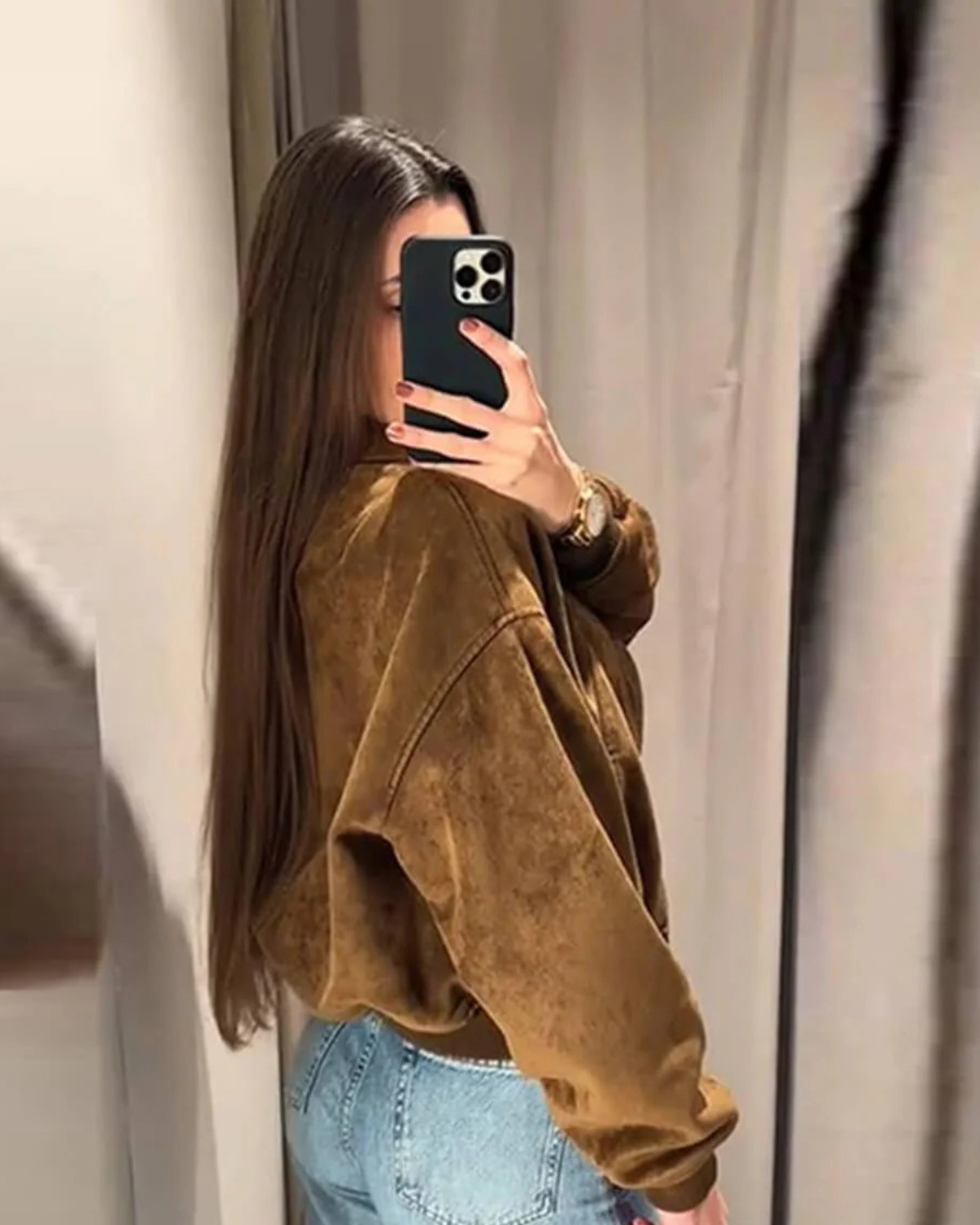 Suede Jacket with Dropped Shoulders for Women