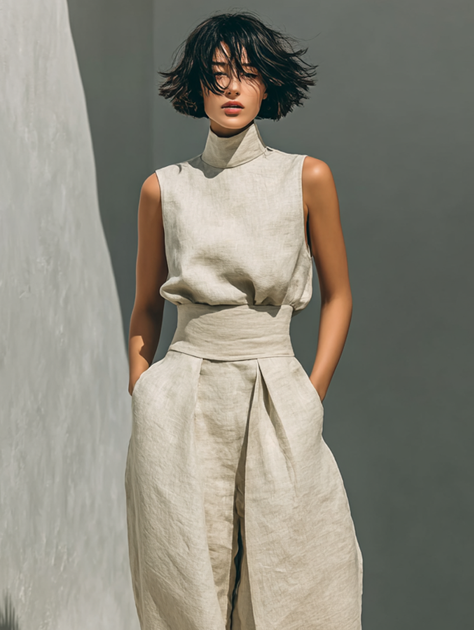 Sleeveless Roll Neck Wide Leg Linen Set for Women