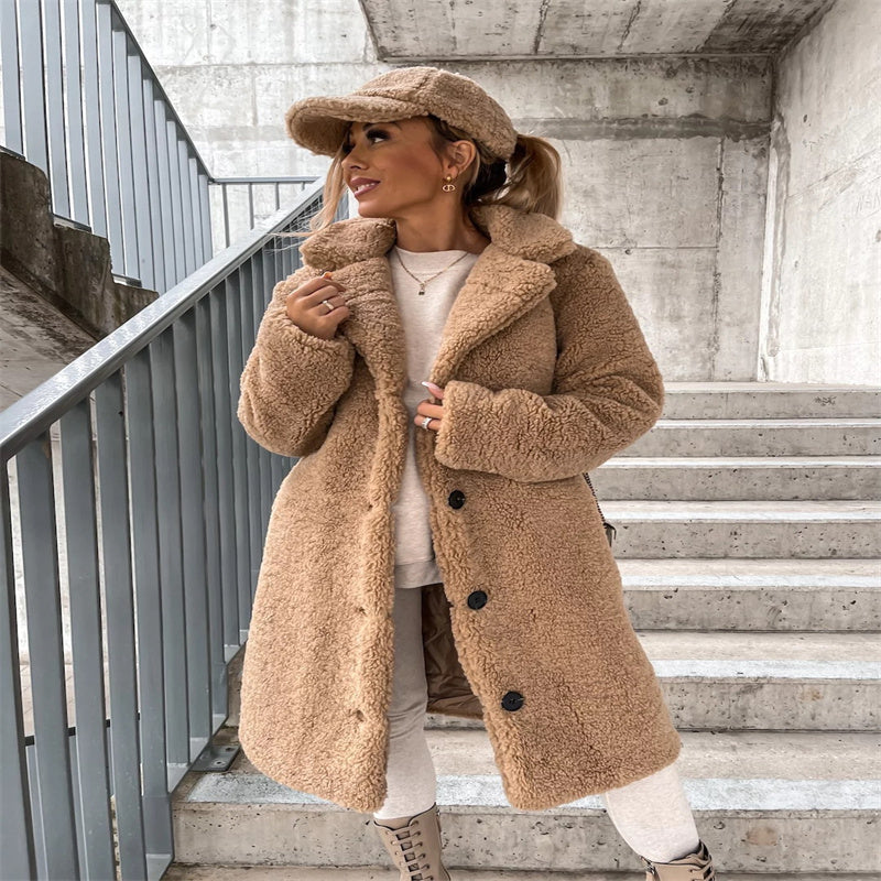 Teddy Coat with Notched Collar Button Front for Women