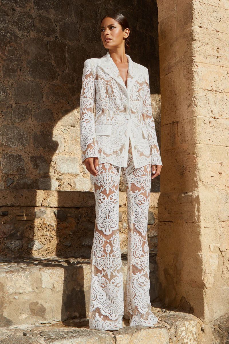 Sequin Lace Set with Blazer and Flared Trouser for Women