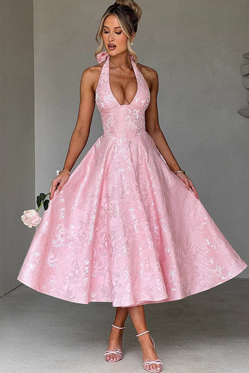 V-Neck Halterneck Wedding Guest Maxi Dress for Women
