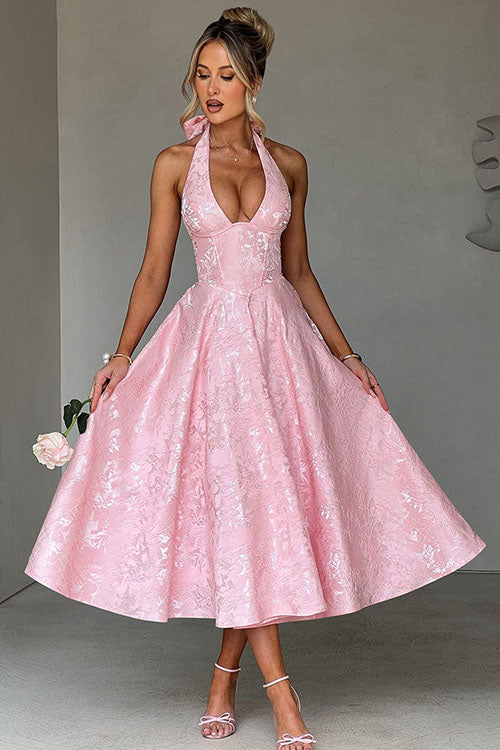 V-Neck Halterneck Wedding Guest Maxi Dress for Women