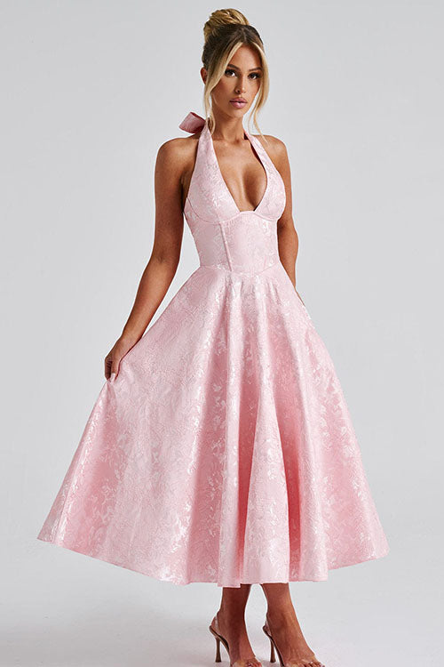 V-Neck Halterneck Wedding Guest Maxi Dress for Women