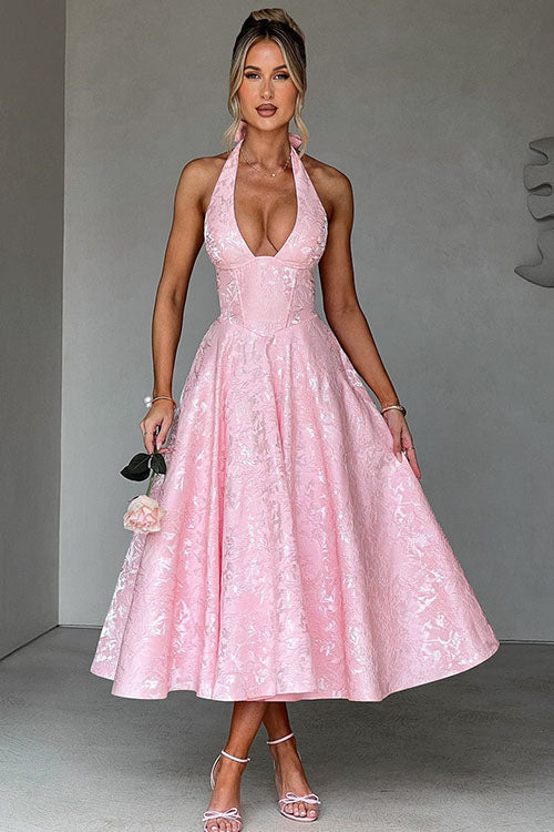 V-Neck Halterneck Wedding Guest Maxi Dress for Women