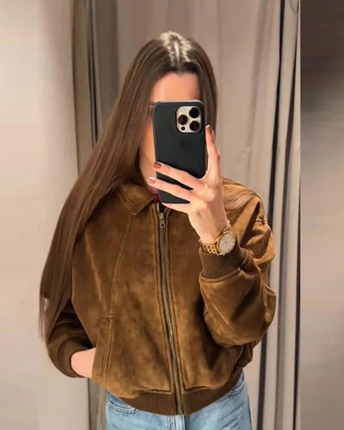 Suede Jacket with Dropped Shoulders for Women