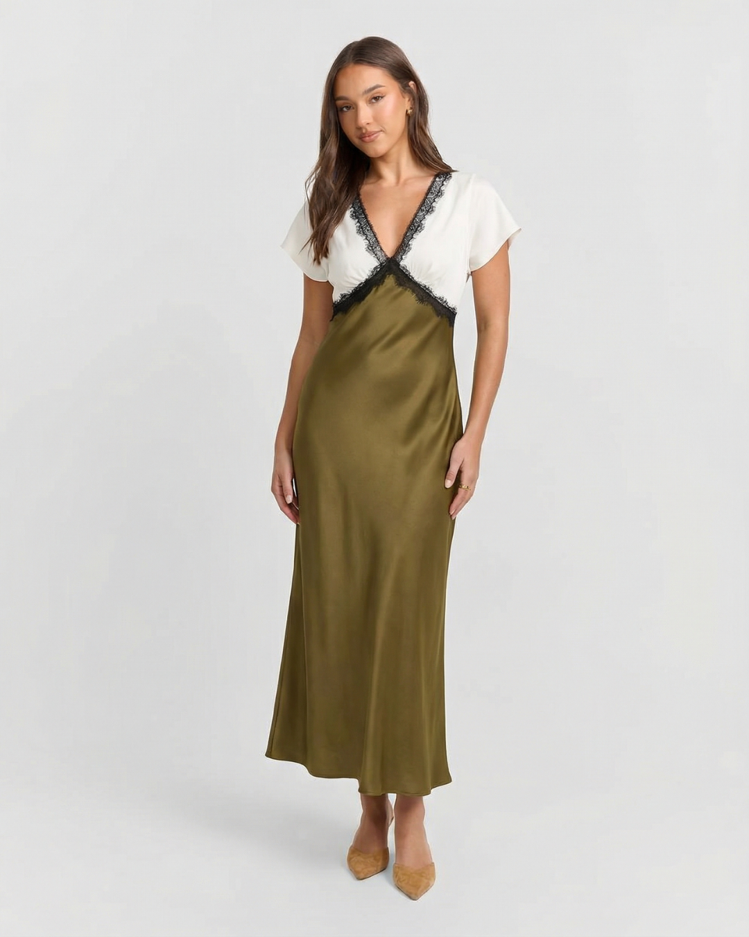 V-Neck Satin Maxi Dress with Lace Trim for Women