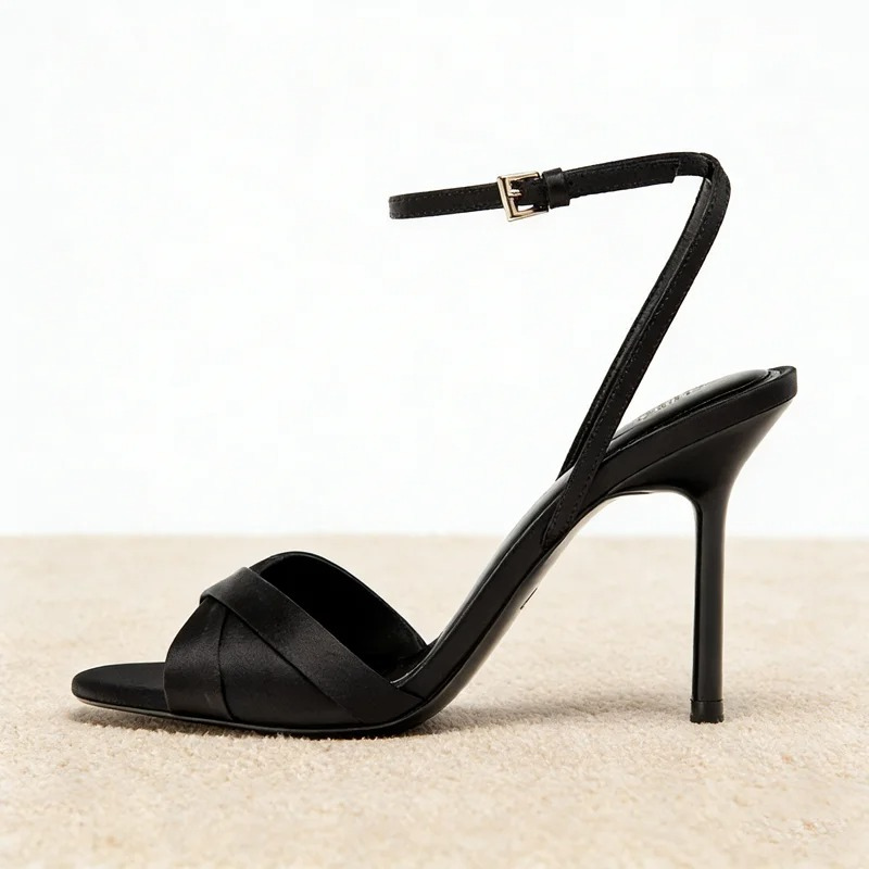 Satin Heeled Sandals with Open Toe and Ankle Strap for Women