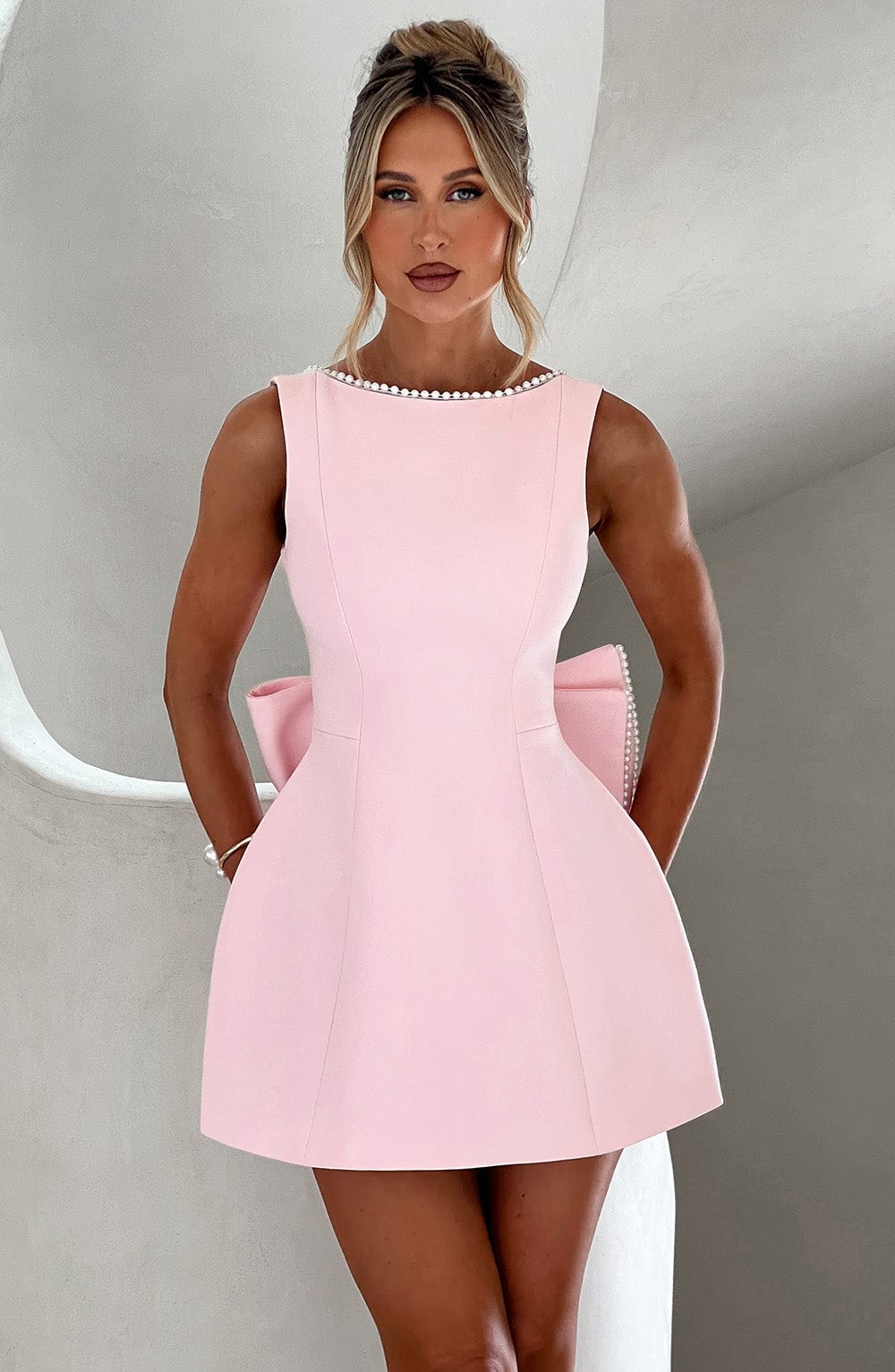 Wedding Guest A-Line Mini Dress with Pearl Trim for Women