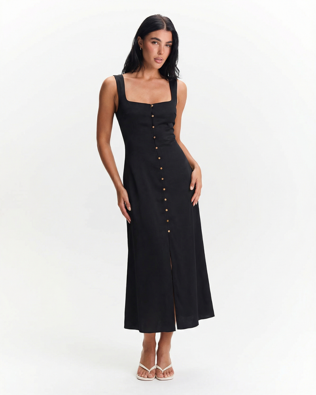 Square Neck Button Front Midi Dress for Women
