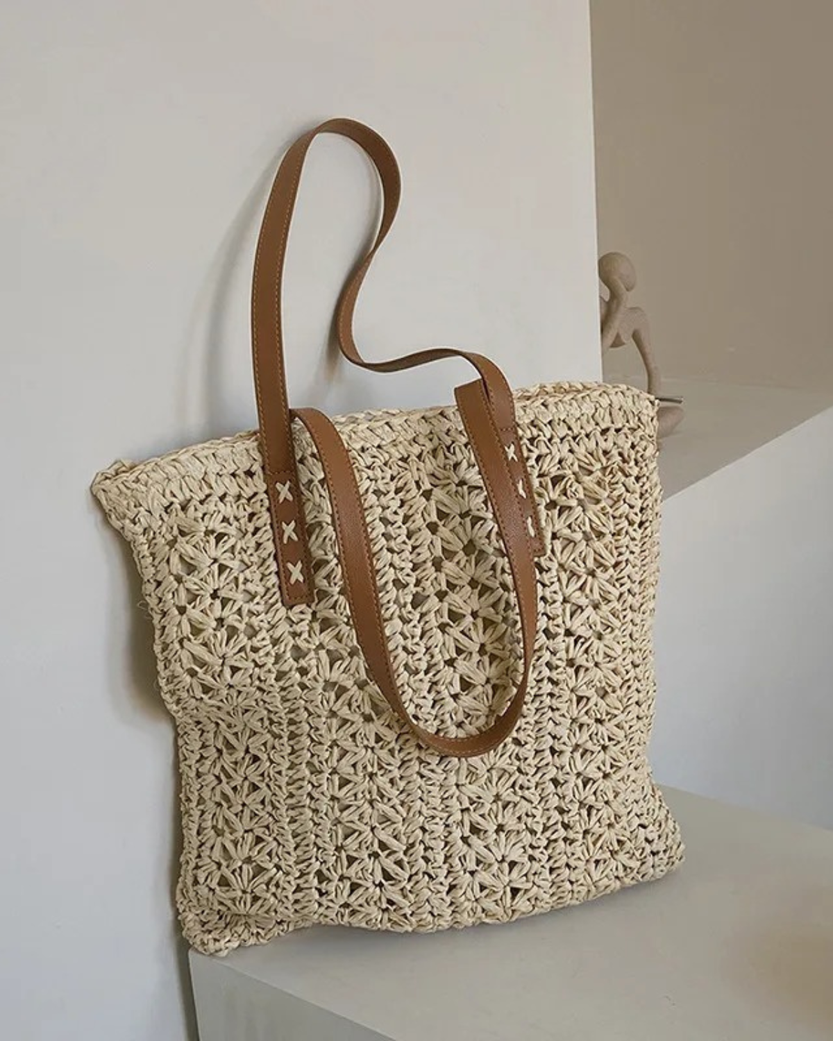 Rattan Shoulder Bag with Faux Leather Straps for Women