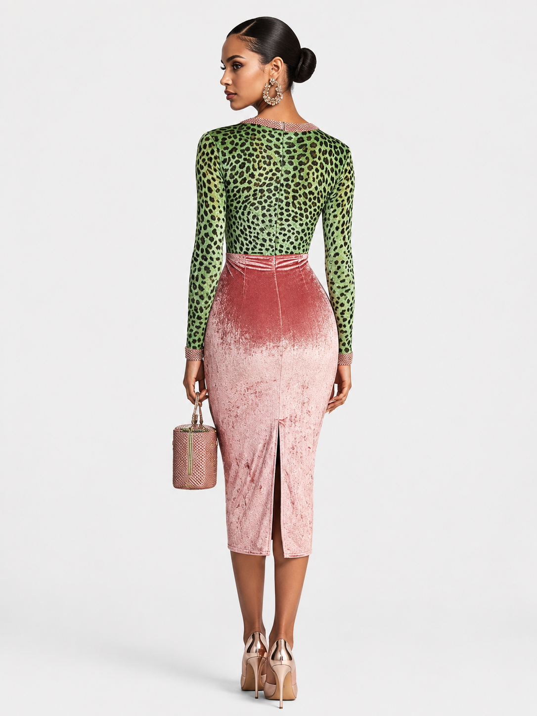 Animal Print Velvet Midi Pencil Skirt Set with V-Neck Top for Women