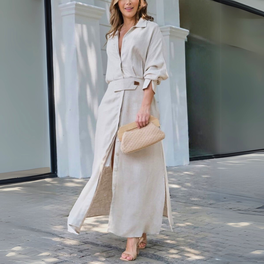 V-Neck Belted Wedding Guest Maxi Dress for Women