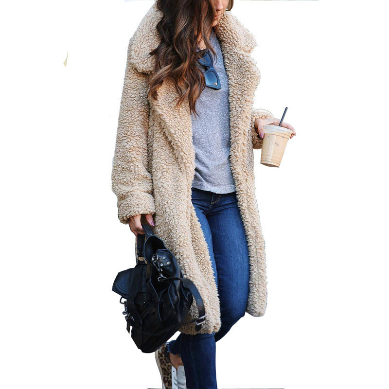 Long Open Front Collared Teddy Coat for Women