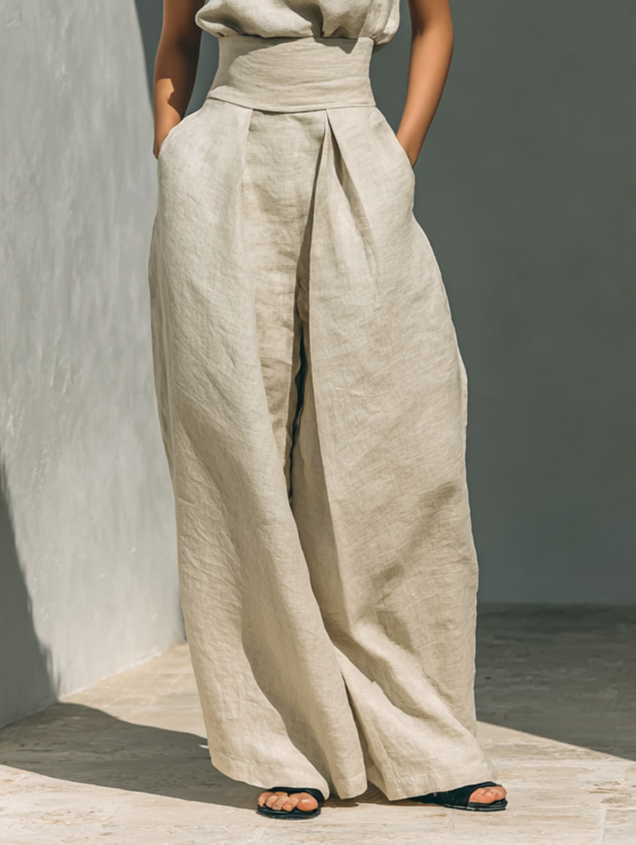 Sleeveless Roll Neck Wide Leg Linen Set for Women