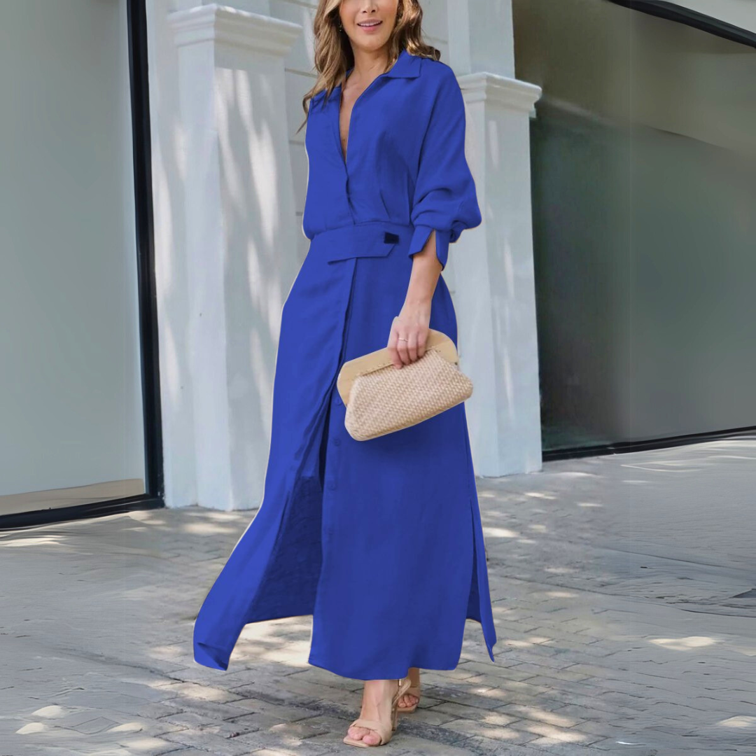 V-Neck Belted Wedding Guest Maxi Dress for Women