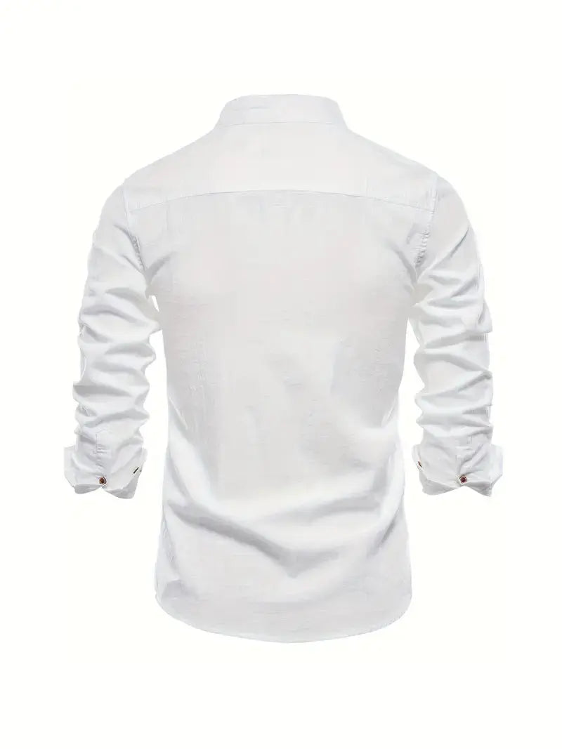 Long Sleeve Linen Shirt with Stand Collar for Men