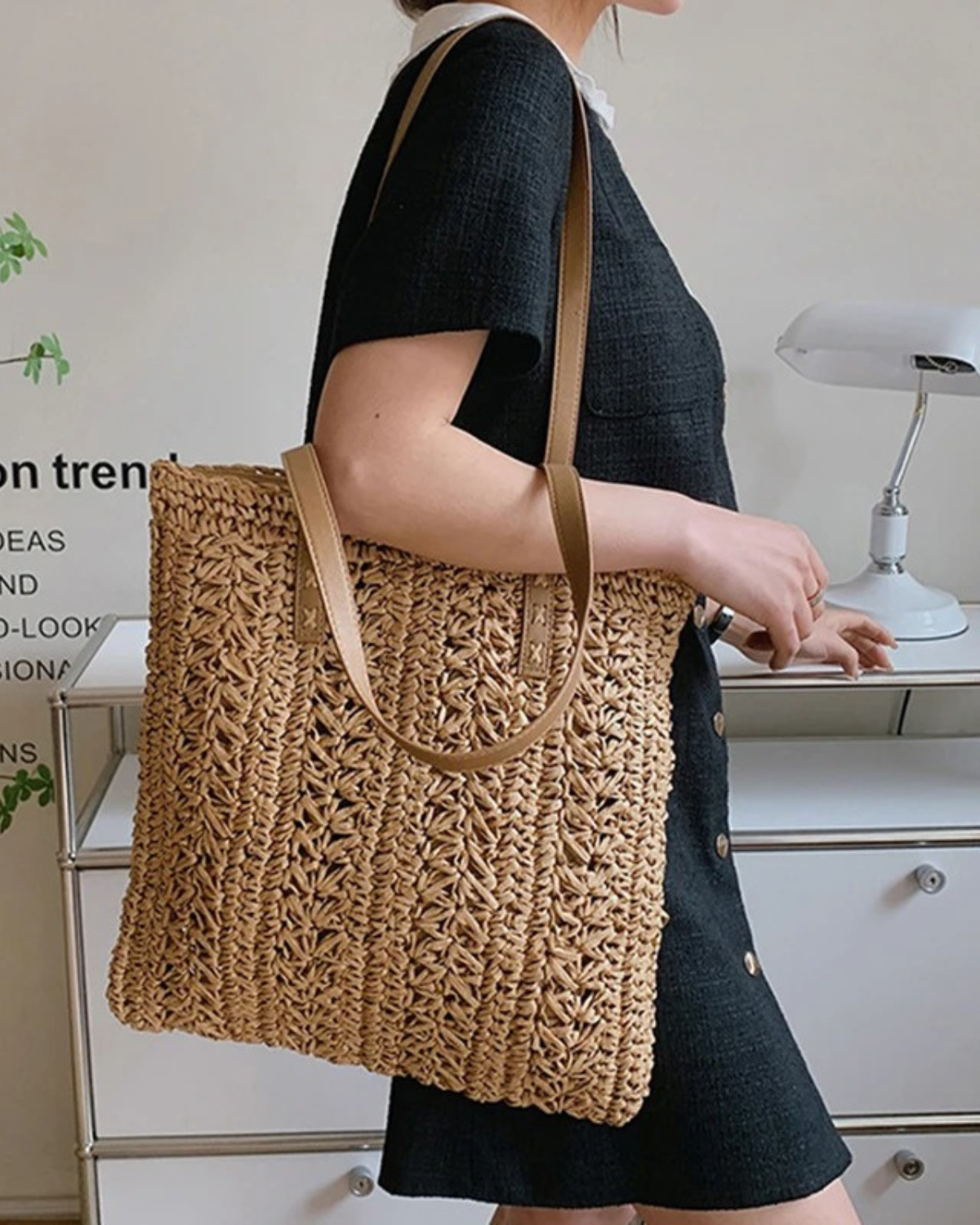Rattan Shoulder Bag with Faux Leather Straps for Women