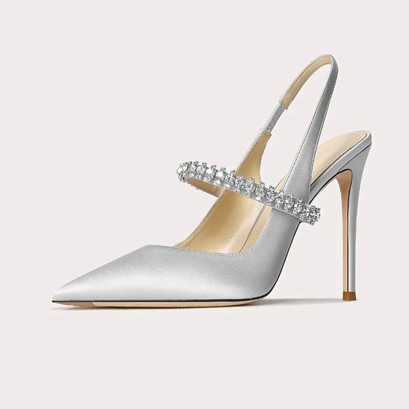 Satin Slingback Heels with Pointed Toe and Crystal Strap for Women