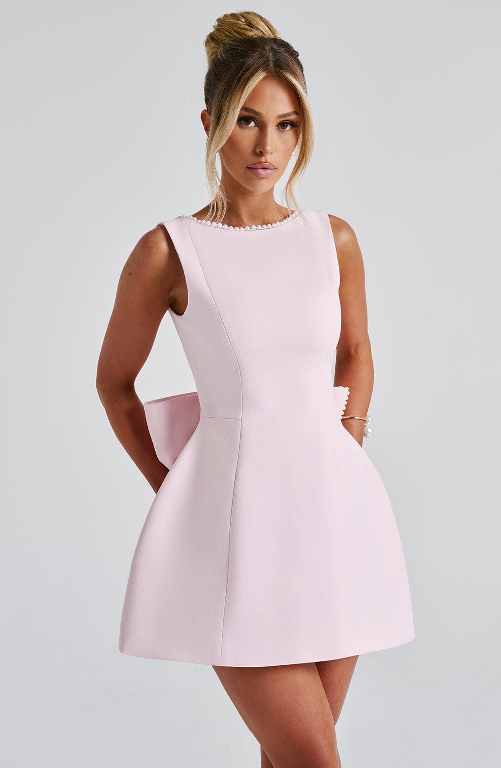 Wedding Guest A-Line Mini Dress with Pearl Trim for Women