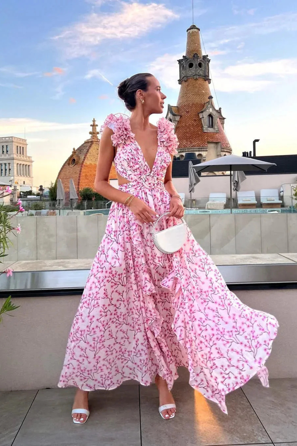 V-Neck Floral Ruffle Wedding Guest Maxi Dress for Women