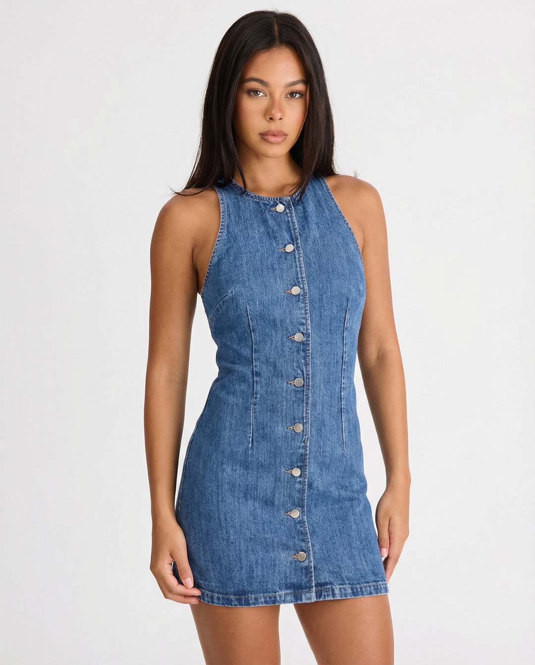 Sleeveless Button Front Denim Mini Dress for Women