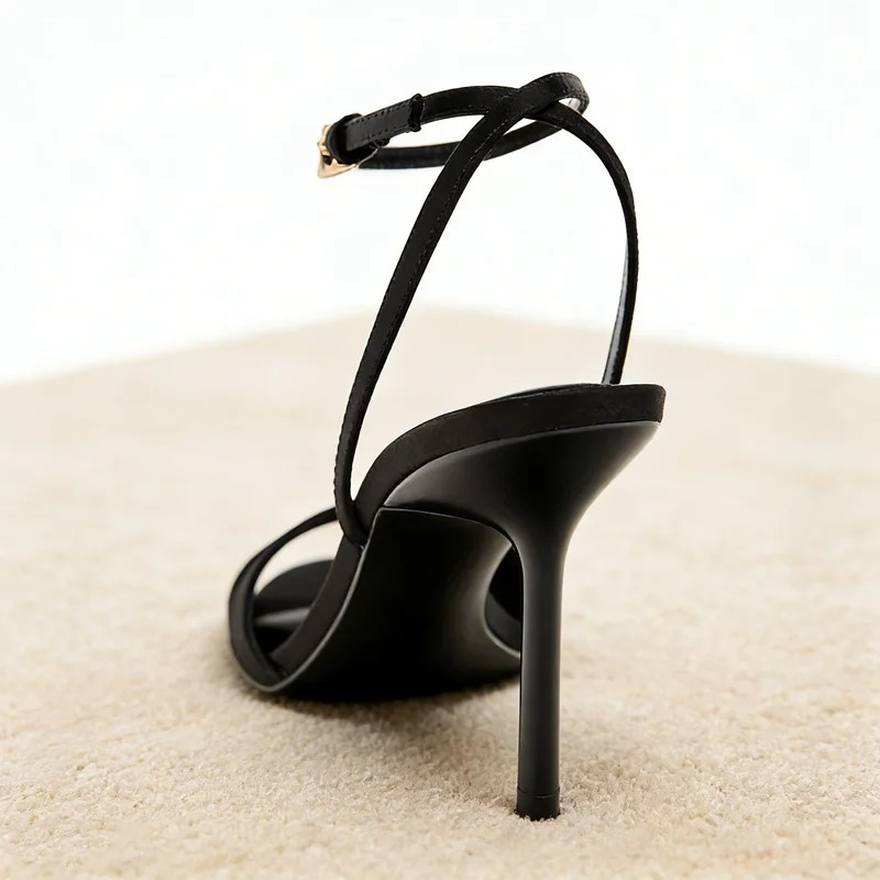 Satin Heeled Sandals with Open Toe and Ankle Strap for Women