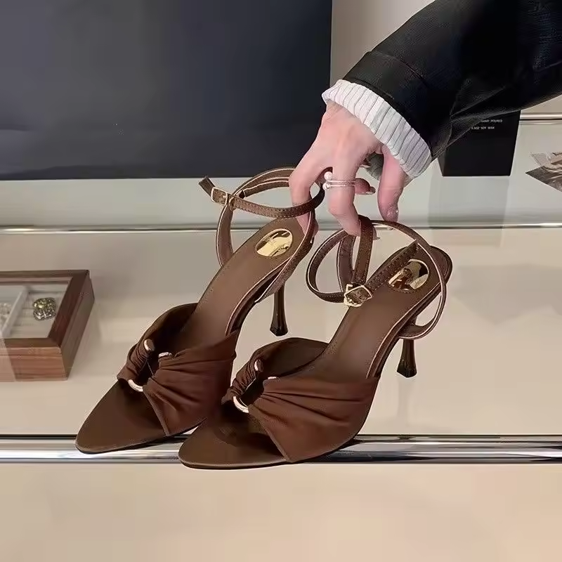 Satin Heeled Sandals with Pointed Toe and Ankle Strap for Women