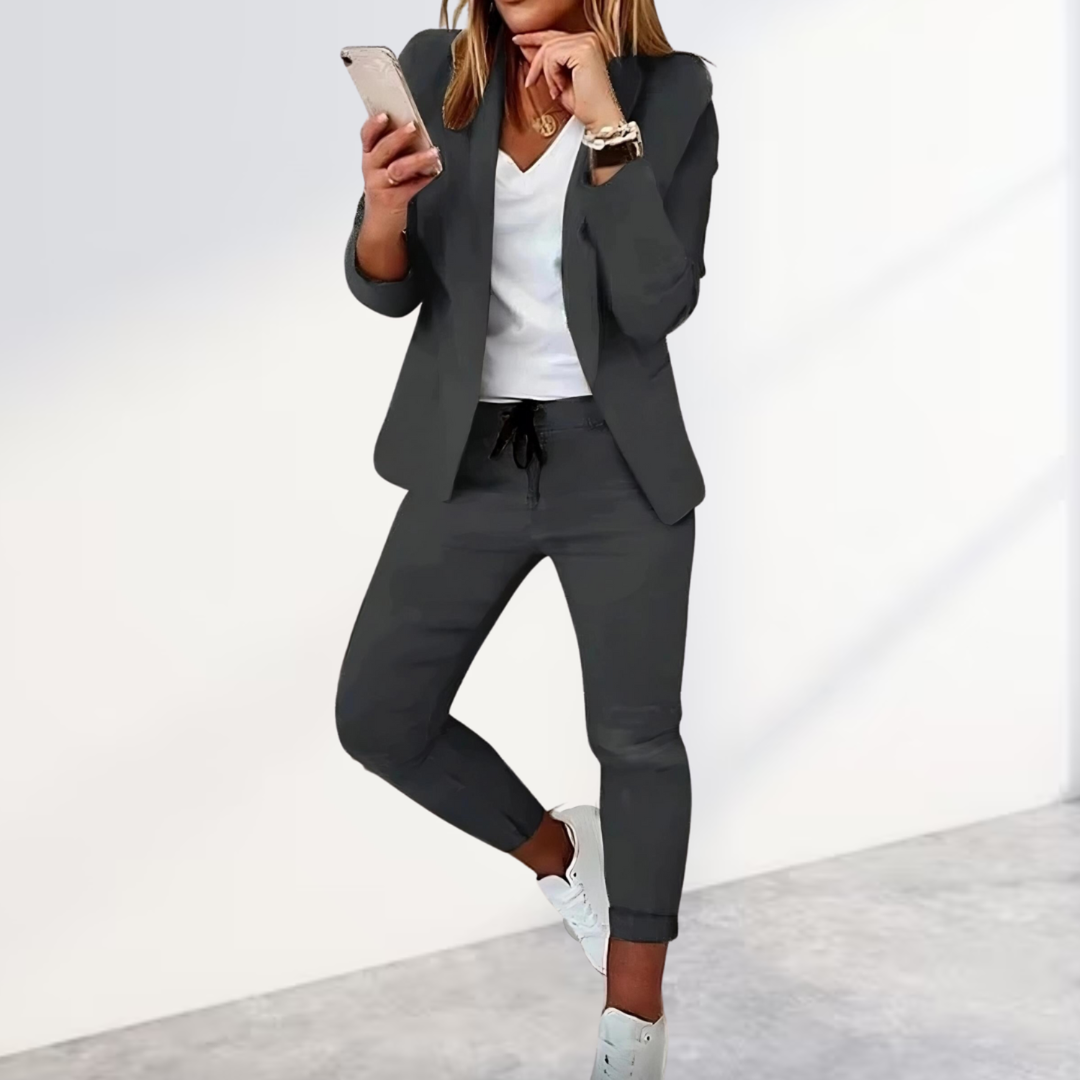 Oversized Blazer and Jogging Trousers Set for Women - Szary