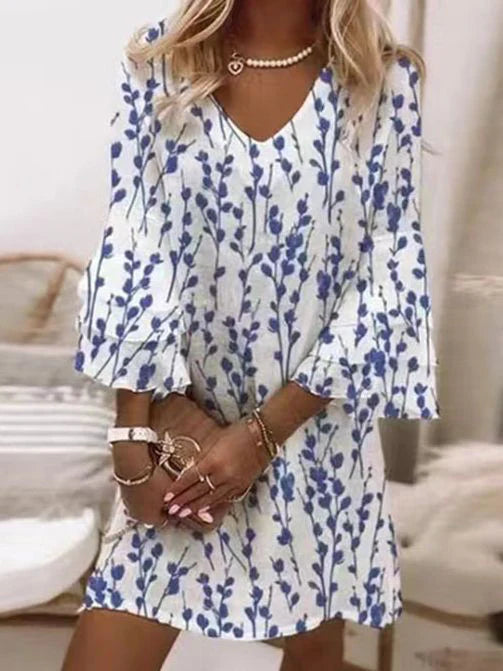 V-Neck Flare Sleeve A-Line Mini Dress for Women