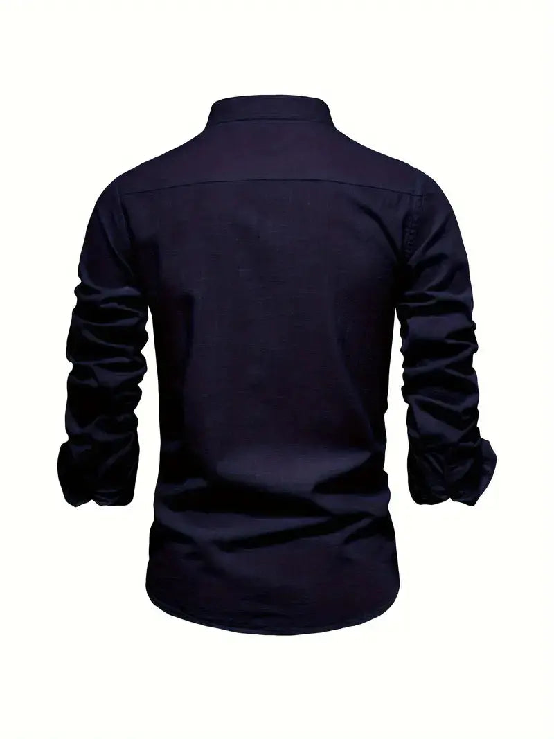 Long Sleeve Linen Shirt with Stand Collar for Men