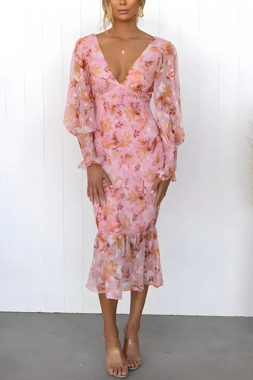 Floral V-Neck Puff Sleeve Midi Dress Wedding Guest for Women