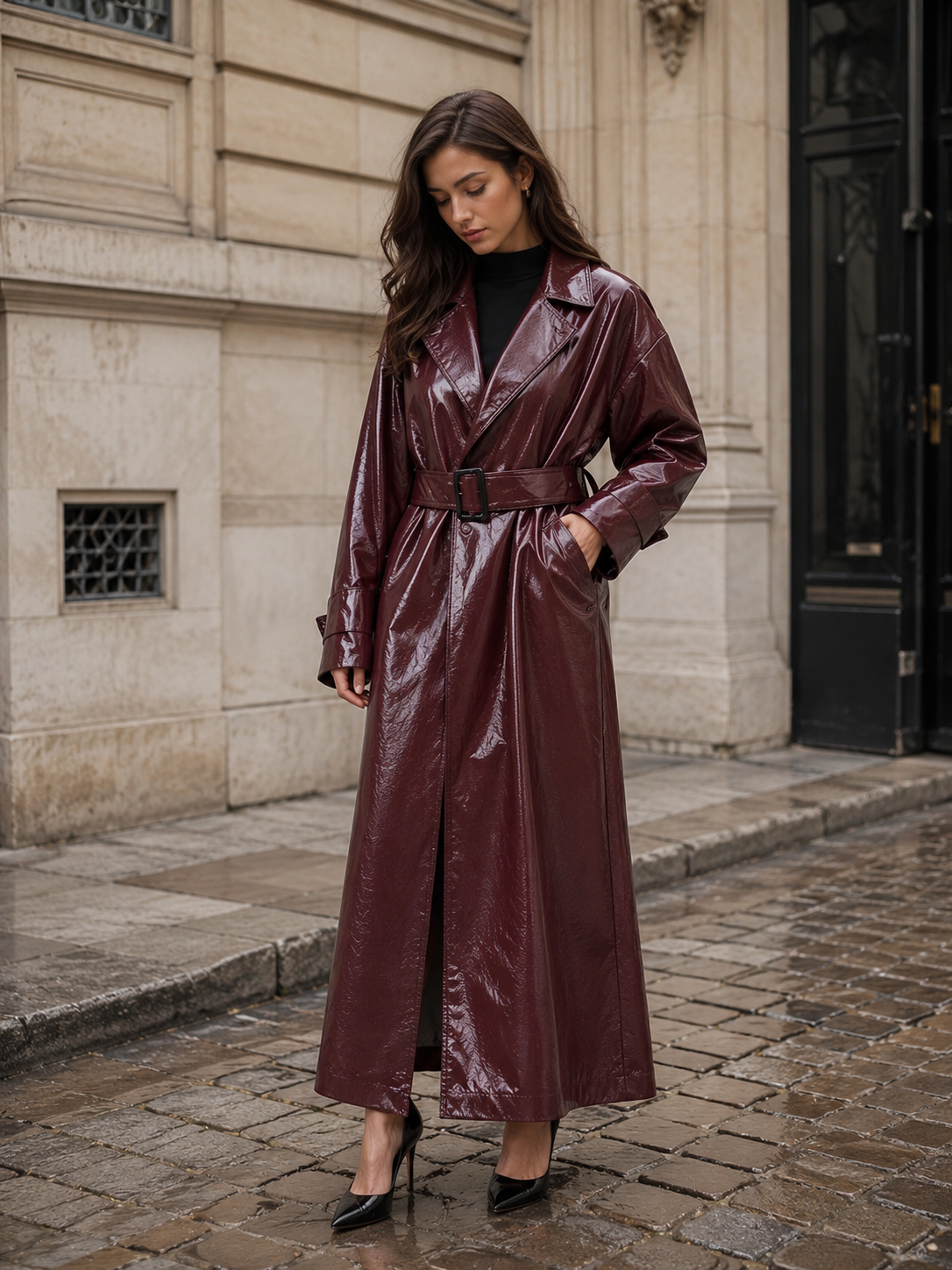 Leather Slim Fit Trench Coat with Belt for Women