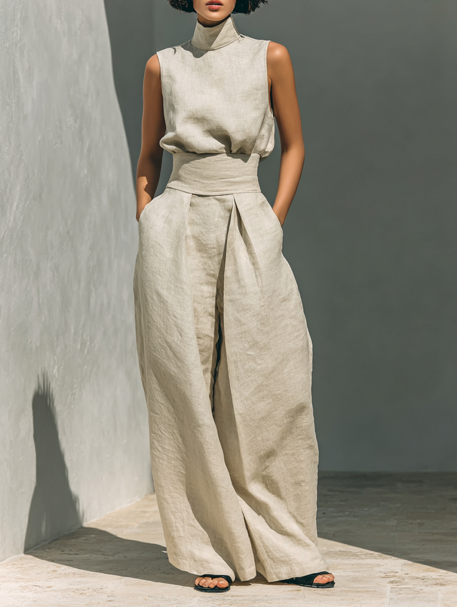 Sleeveless Roll Neck Wide Leg Linen Set for Women