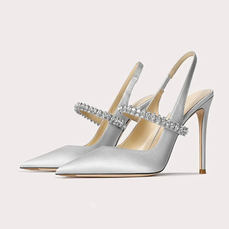 Satin Slingback Heels with Pointed Toe and Crystal Strap for Women
