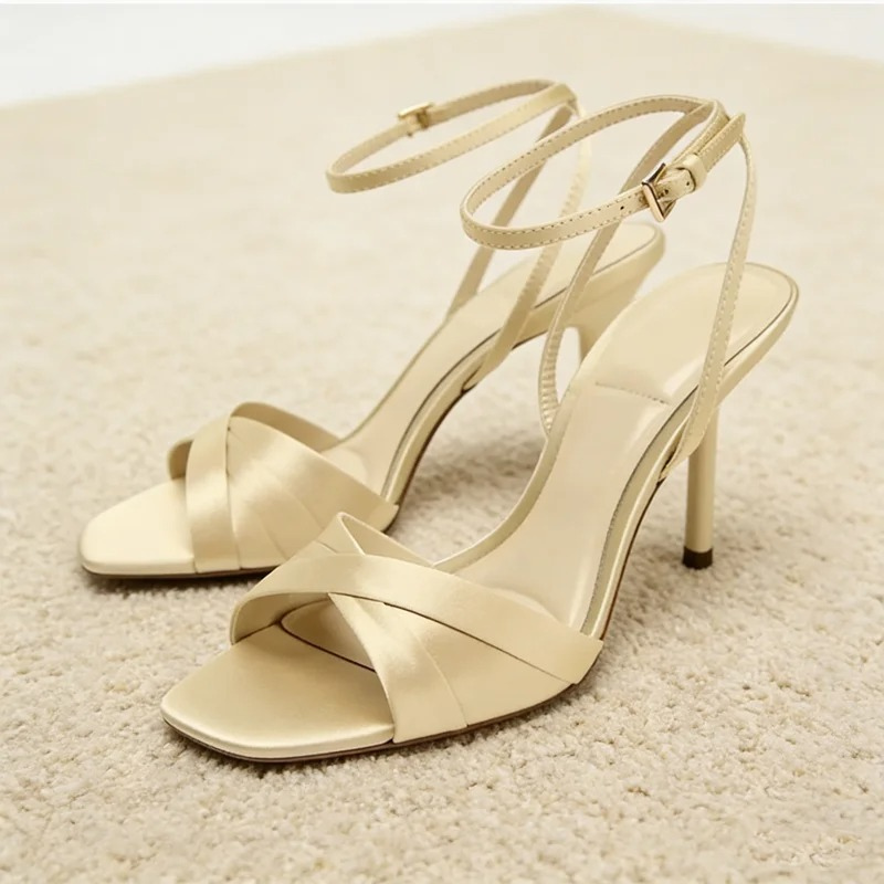 Satin Heeled Sandals with Open Toe and Ankle Strap for Women