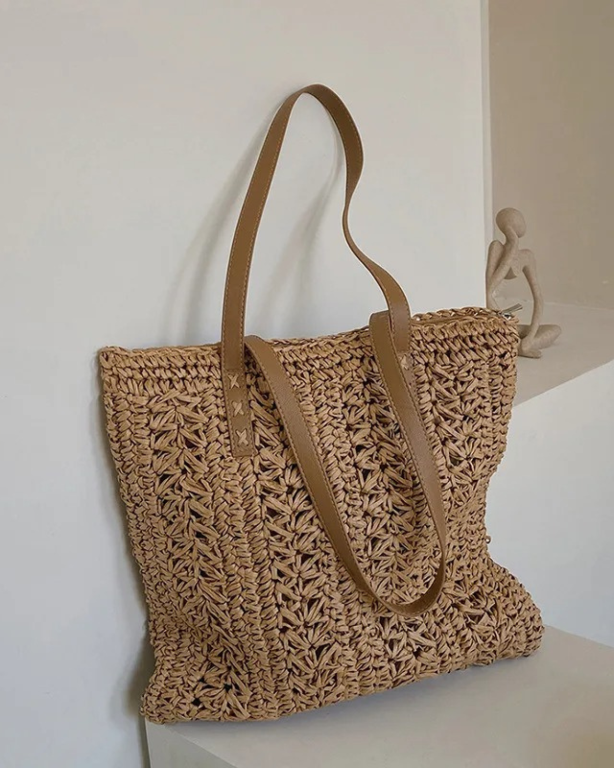 Rattan Shoulder Bag with Faux Leather Straps for Women