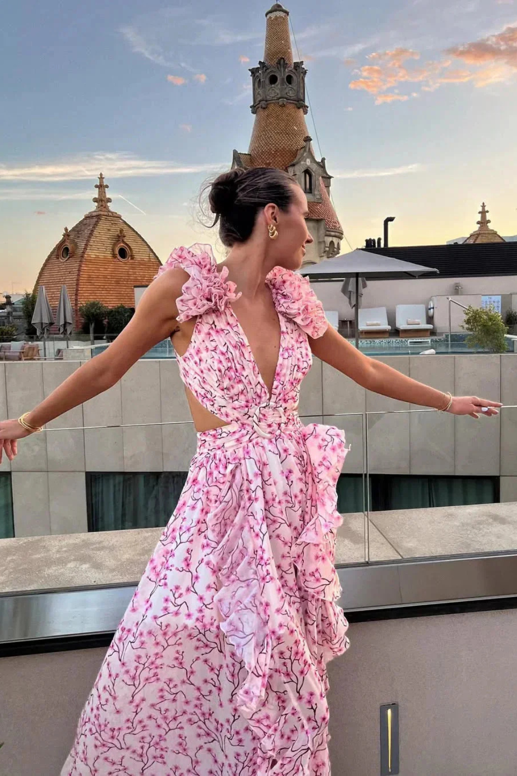 V-Neck Floral Ruffle Wedding Guest Maxi Dress for Women