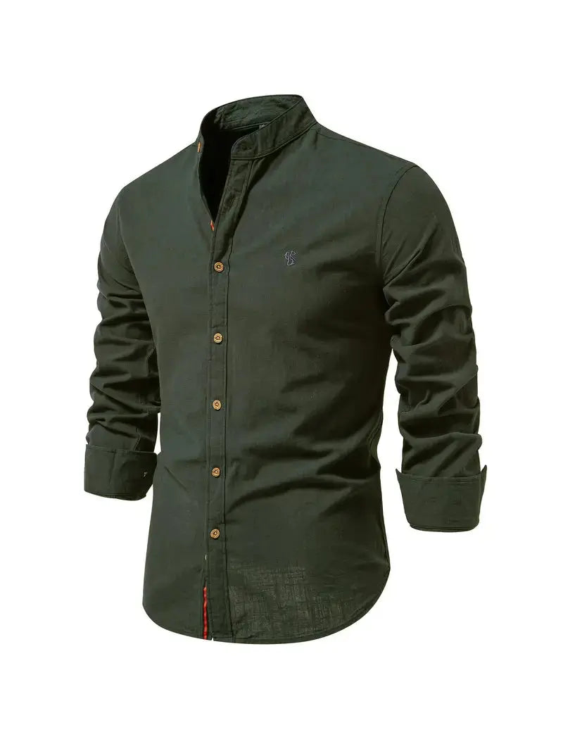 Long Sleeve Linen Shirt with Stand Collar for Men
