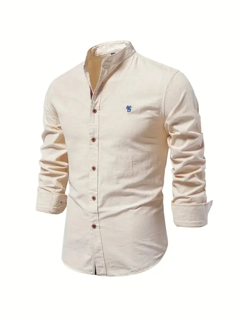 Long Sleeve Linen Shirt with Stand Collar for Men