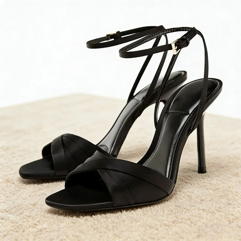 Satin Heeled Sandals with Open Toe and Ankle Strap for Women