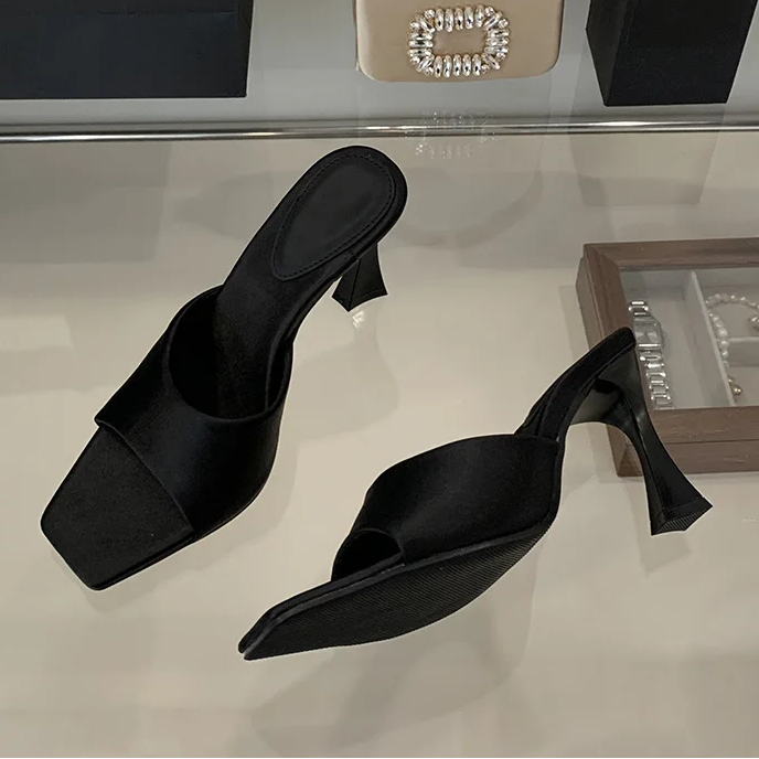 Satin Block Heel Mules with Square Toe for Women