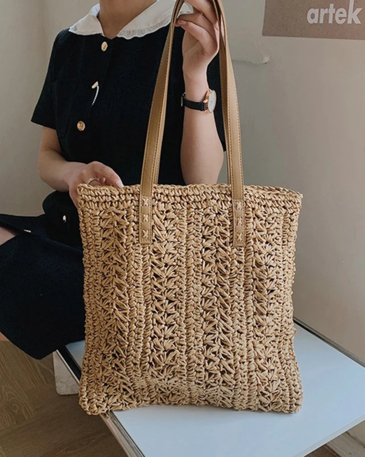 Rattan Shoulder Bag with Faux Leather Straps for Women