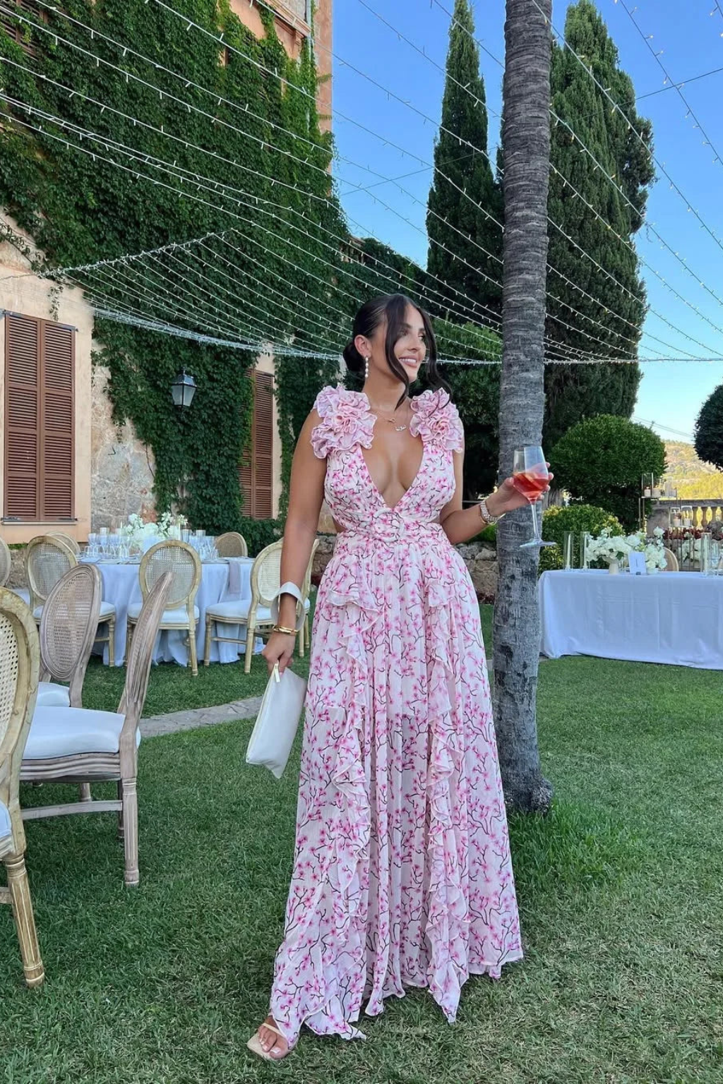 V-Neck Floral Ruffle Wedding Guest Maxi Dress for Women